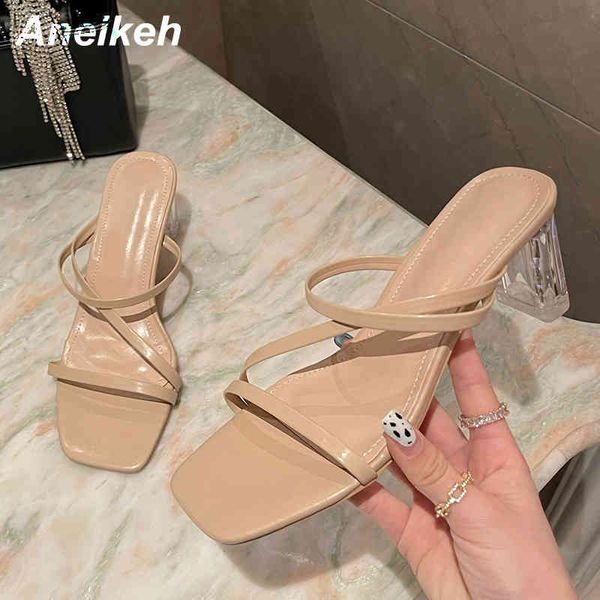 

concise pu summer riband shoes for women head peep toe thin heel fashion slip on slides ladies dress party solid 210507, Black