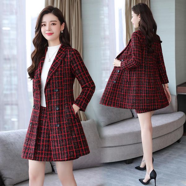 

two piece dress fine women's autumn and winter clothing woolen coat slim fashion plaid skirt women outfits, White
