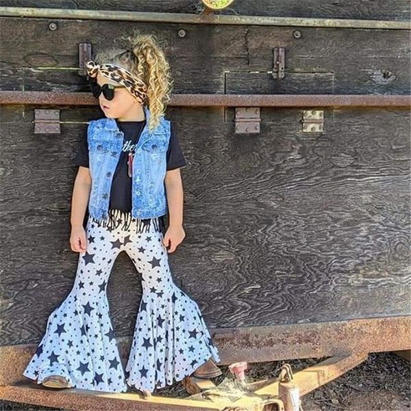 

kids girls fashion star print flared pants stylish for children toddler baby trousers, Blue