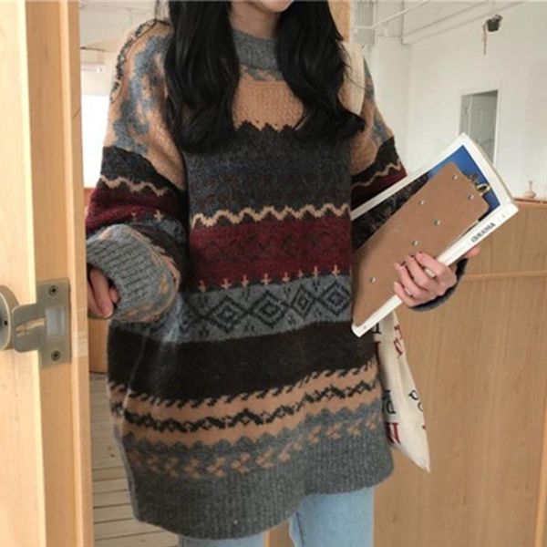 

women's sweaters women vintage striped oversized winter korean style knitted loose pullovers thick long sleeve femme jumpers, White;black