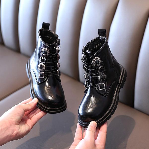 

fashion kids boots children shoes for boy girl pu leather waterproof winter plus velvet, Black;grey