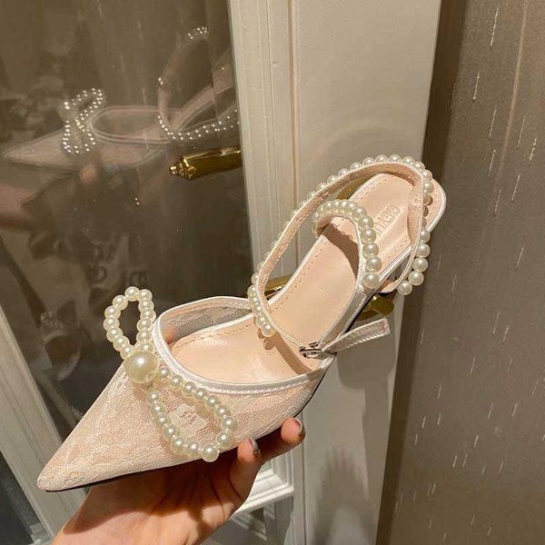 

sandals 2021 style mesh pearl toe stiletto pointed bow high heels women, Black