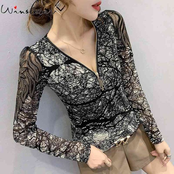 

women's t-shirt spring fall european clothes girl fashion print v-neck zipper women long sleeve mesh diamonds tees t0d40, White