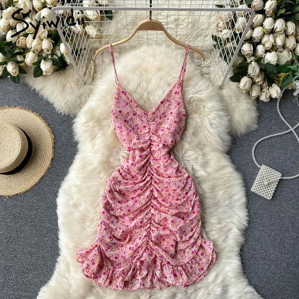 

casual dresses syiwidii floral print spaghetti strap women summer 2021 bridesmaid v neck folds a line party short boho dress pink, Black;gray