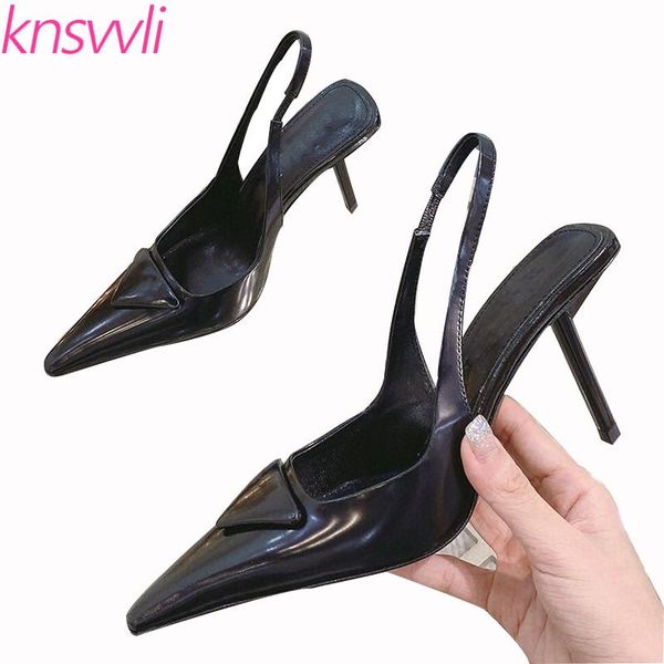 

designer brand shoes women genuine leather pointed toe ladies slingbacks high heels party woman summer sandals dress, Black