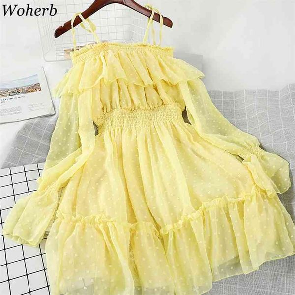 

020 korean sweet ruffles off shoulder chiffon dress long sleeve high waist a line mini polka dot vestidos ropa femme25695 210519, Black;gray