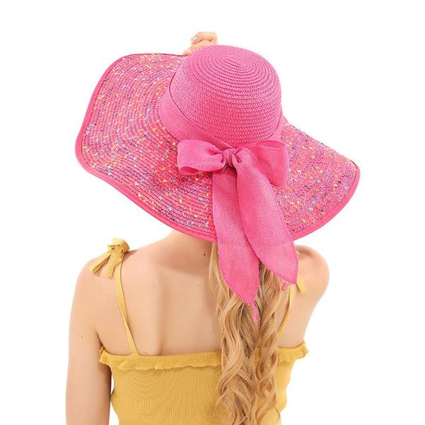 

wide brim hats ribbon band bowknot straw solid color big sun protective outdoor beach casual party foldable women, Blue;gray