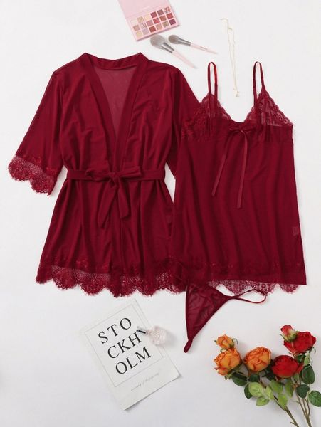 

plus lace trim mesh slips with thong & belted robe d3jz#, Black;white