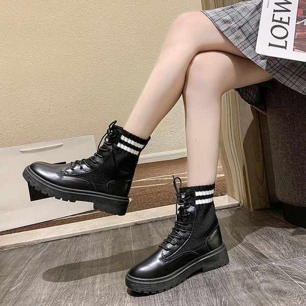 

boots 2021 women shoes female ankle winter warm british style leather stretch fabric plat platform motorcycle, Black