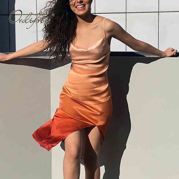 

summer streetwear women satin slip spaghetti strap fashion print silk split party dress 210415, Black;gray