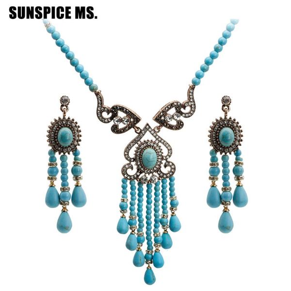 

earrings & necklace sunspicems bohemia vintage natural stone earring sets for women turkish design ethnic banquet jewelry holidays gift, Silver