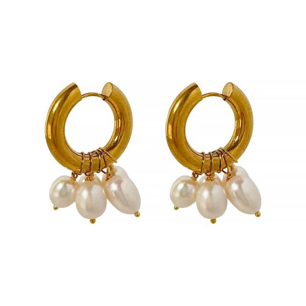 

hoop & huggie peri'sbox vintage gold color titanium steel freshwater pearl earrings pearls tassel fan hoops earring for women jewelry, Golden;silver