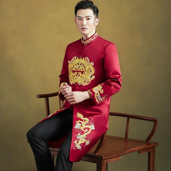 

chinese style wedding dress bridegroom embroidery men costume cheongsam for vintage toast clothing ethnic, Red