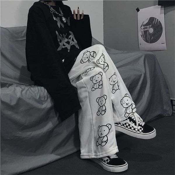Гучжоу Корейский стиль Широкие брюки ноги мультфильм принт Harajuku брюка для улицы осень осень мода повседневные спортивные штаны женские 210721