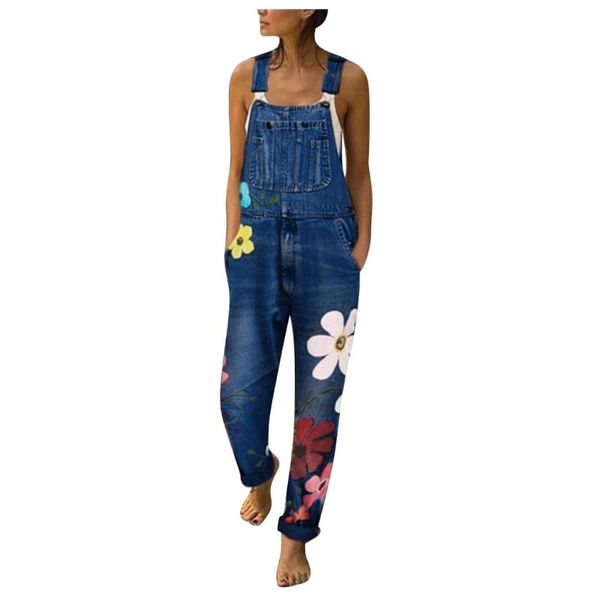 

women's jeans loose cropped trousers 2021 summer flower fashion denim bib pants long rompers jumpsuits, Blue