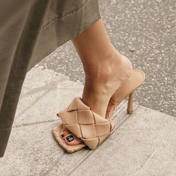 

women weave slippers summer design square toe heels leather gladiator beach womens sandal slides shoes, Black