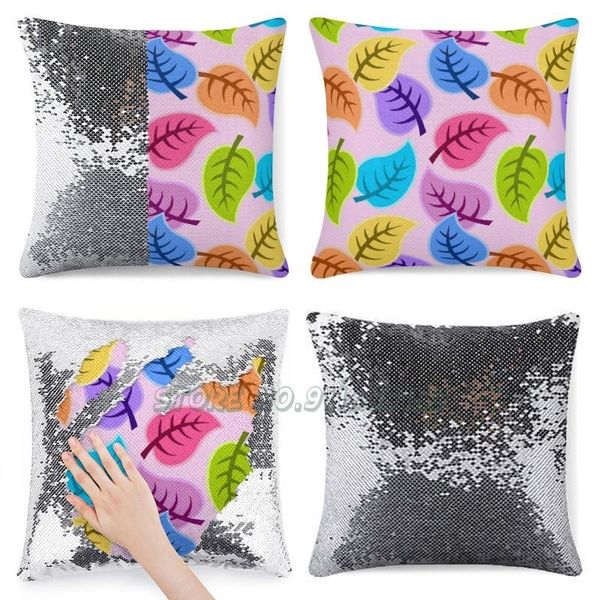 

pillow case colorful leaf pattern floral design shimmer sequins glitter pillowcase green orange blue pink yellow plants p
