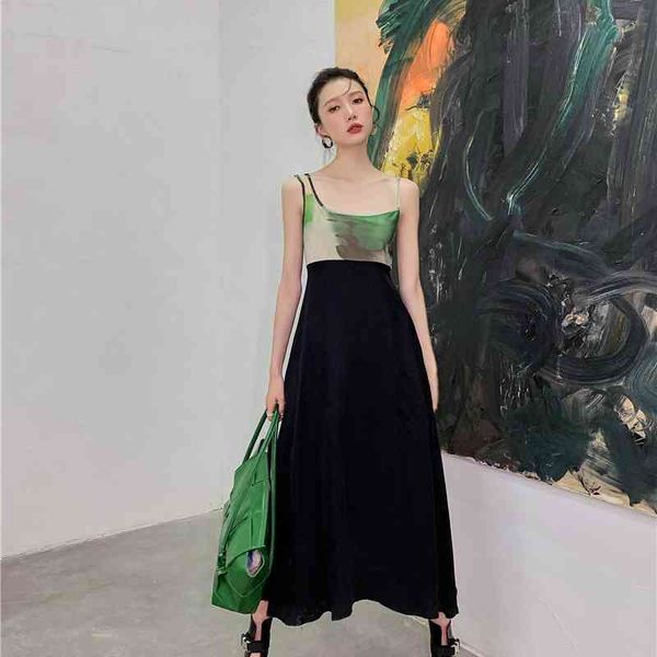 

casual dresses designer green patchwork long slip summer spaghetti strap a line backless cami for women fashion hh1p, Black;gray
