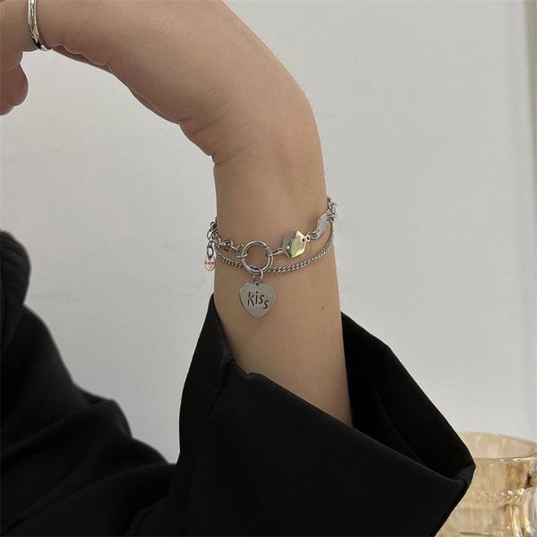 

link, chain cosysail style double-layer heart pendant bracelet for female stainless steel bracelets bangles jewelry 2022, Black