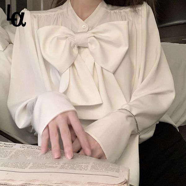 

casual chiffon blouse and women spring fashion elegant lantern sleeve shirts ladies french bow korean style 210519, White