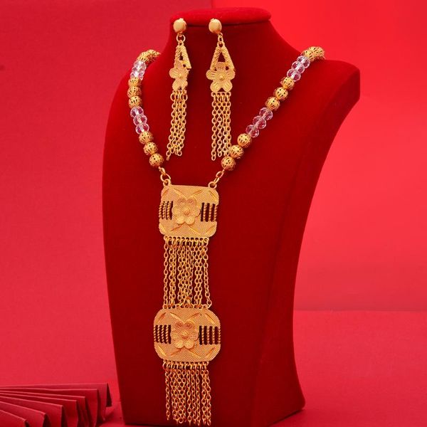 Ohrringe Halskette 24k Gold Farbe Weiß Dubai Schmucksets für Frauen Mädchen Afrikanische Hochzeitsgeschenke Brautschmuck Set