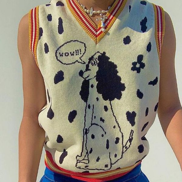 

sleeveless sweater for women heavy knit v-neck loose new spring and winter design with cartoon letters, White