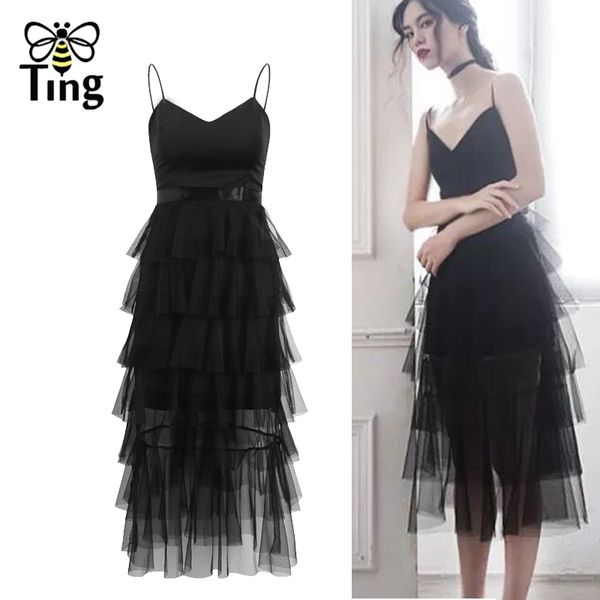 

vintage elegant black swan summer club party night dresses retro layered mesh sheer strap sundresses streetwear frocks z 210513, Black;gray