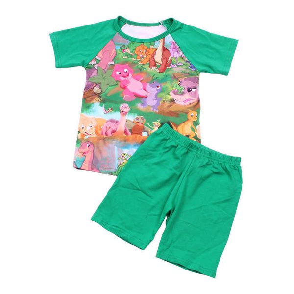 Freizeit Kinder Jungen Neue Kleidung Set Blau Raglanärmel Jungen T-shirt Outfits Dinosaurier Druck Kinder Kleidung Shorts Set X0802