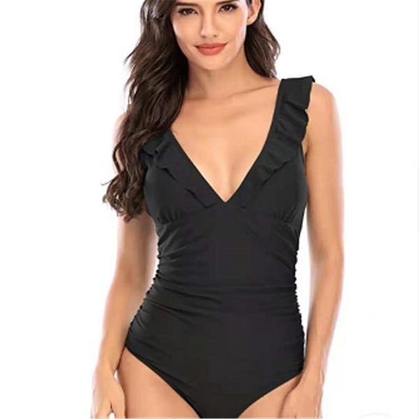 

one-piece suits imucci solid color black ruffled swimsuit ladies lace-up 2021 whole