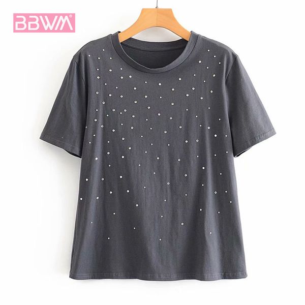 

beaded rivet short sleeve round neck casual fashion women's t-shirt korean version of the wild chic simplicity female 210507, White