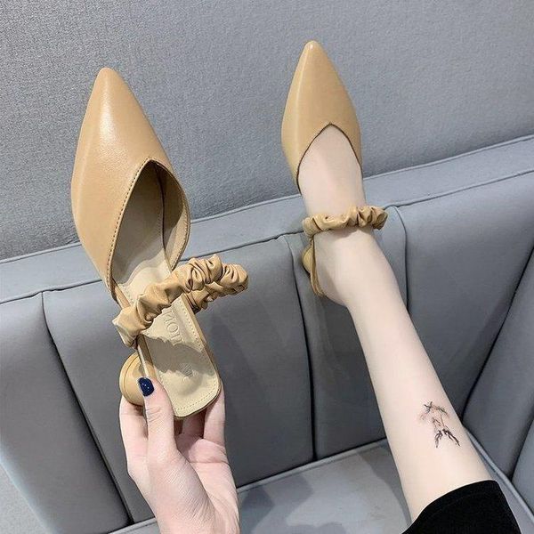 

dress shoes 2021 spring korean baotou half drag thick heel pointed sloth middle slippers for women, Black