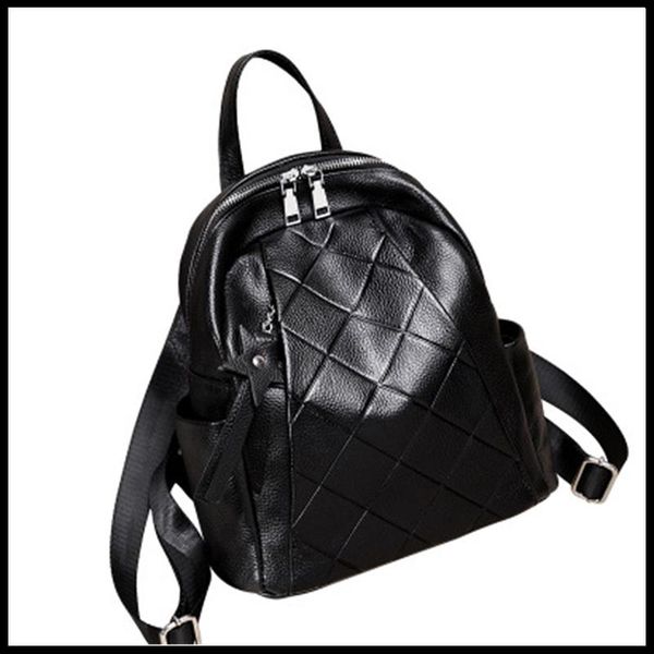 

natural cowhide leather embossing solid color zipper women backpack large capacity travel bag school for student