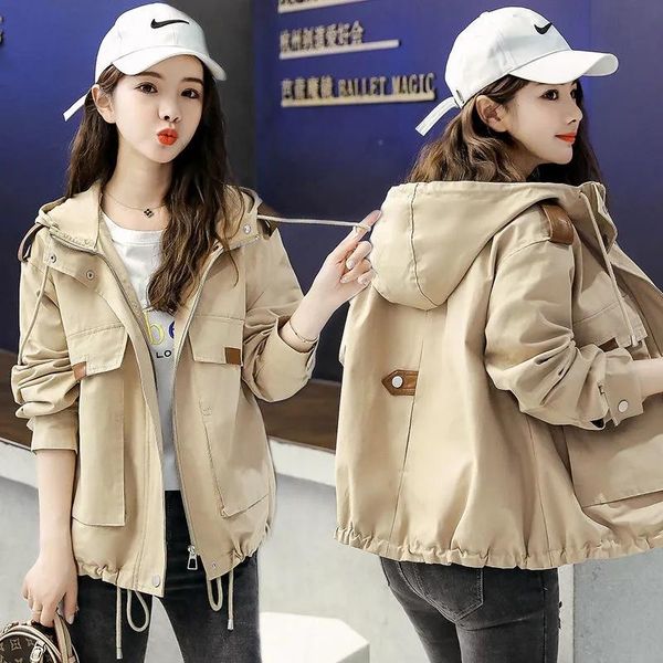 

women's jackets large size women jacket 2021 autumn long sleeve hooded female windbreaker loose short casual basic coat outwear, Black;brown
