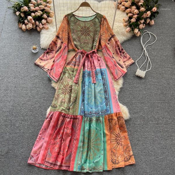 

casual dresses sophony women flare sleeve printed boho holidays long dress 2021 summer fashion designer runway party vintage, Black;gray