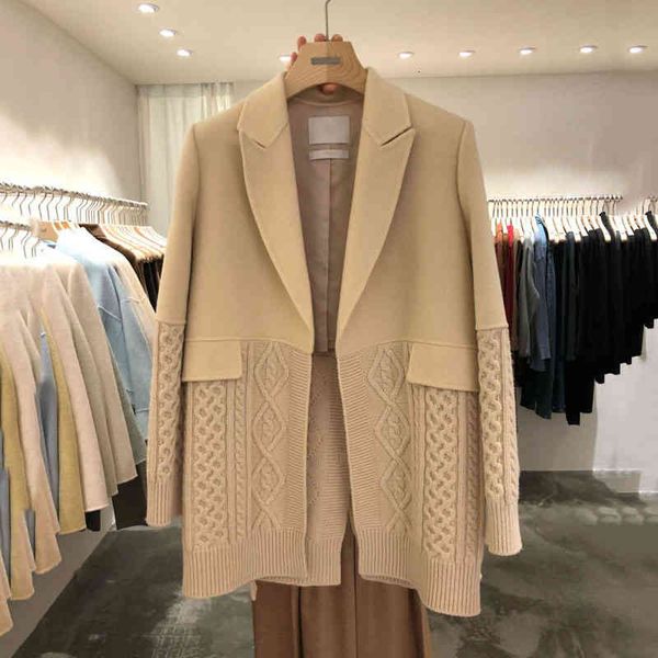 

women's suits & blazers [ewq] woolen suit for women winter knitted stitching loose female mid-length cardigan patchwork coat tslk, White;black