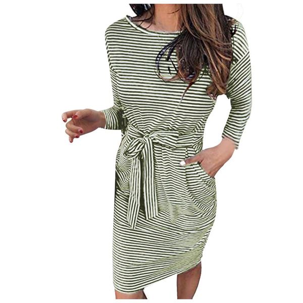 

casual dresses womenÂ dressÂ 2021 long sleeve floral round neck stripe drawstring wear holiday elegant beach summerÂ dress loose sundress, Black;gray