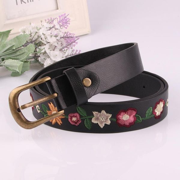 

belts elegzo for women fashion flower jeans belt female pu leather pin buckle selling waistband, Black;brown
