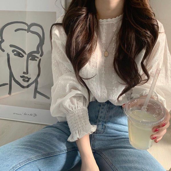 

women's lace shirt ladies korea style sweet flouncing blouse fall casual holiday round neck long sleeve tight cuff clothes blouses & s, White