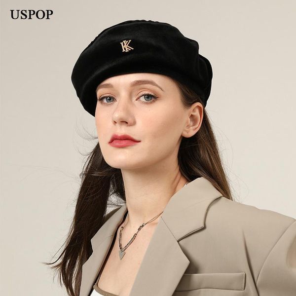 

berets uspop winter hats women soft velvet warm black letter beret, Blue;gray