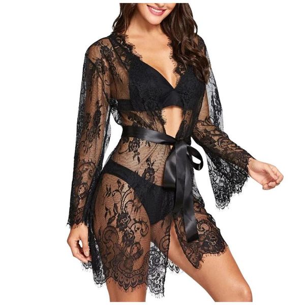 

sleepwear for women nightclothes robe three quarter lace pyjama female pijamas with belt seksowna bielizna nocna dla kobiet women's, Black;red