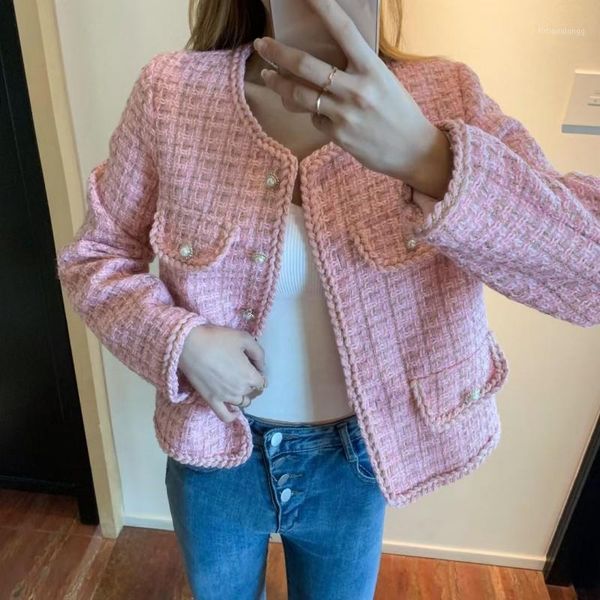 

women's jackets temperament pink tweed single-breasted jacket coat 2021 autumn winter korean vintage casual elegant female office outwe, Black;brown