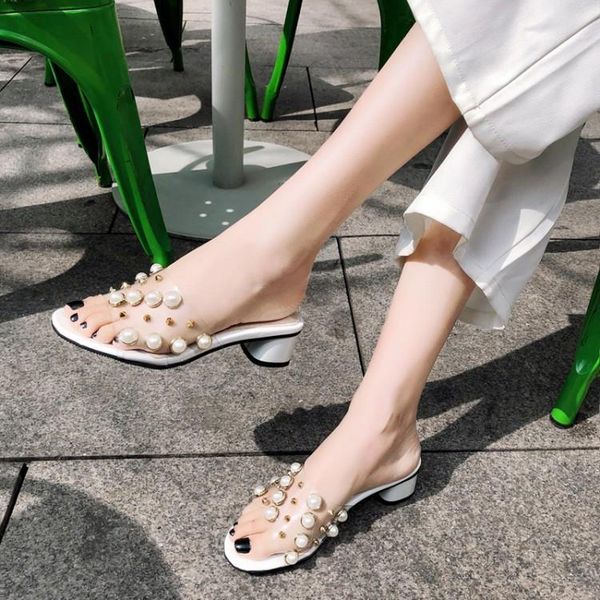 

slippers pxelena handmade pearl spike women slides outside pvc clear transparent summer female 2021 thick med heels shoes chic, Black