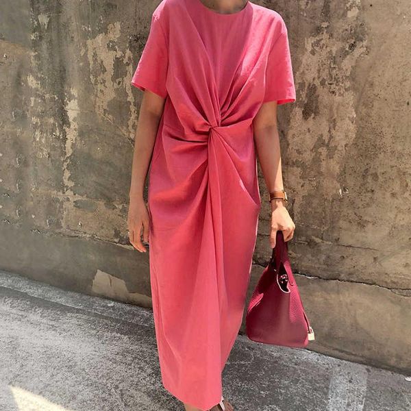 

casual dresses [ewq] korea chic fashion trend women pure color round neck twist loose pink short sleeve dress summer 2021 16e919, Black;gray
