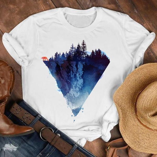 

fox watercolor animal geometric 90s women fashion clothes print tee graphic, White