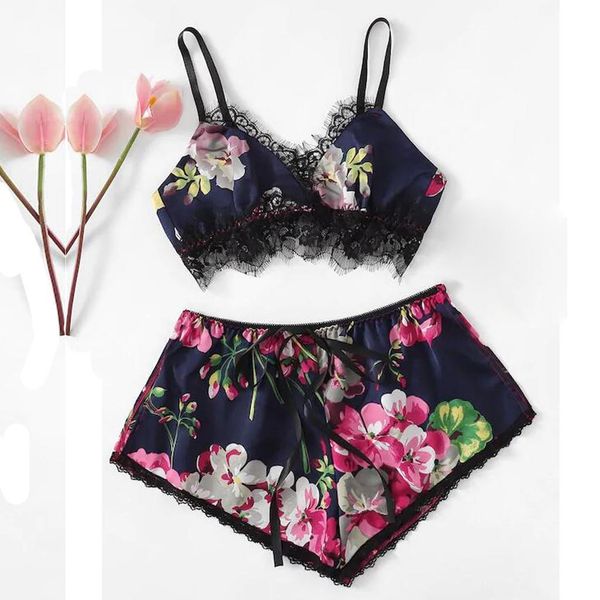 

women sleepwear koszula nocna and shorts fashion v neck pajamas sets lace lingerie nightwear satin cami femme, Black;red