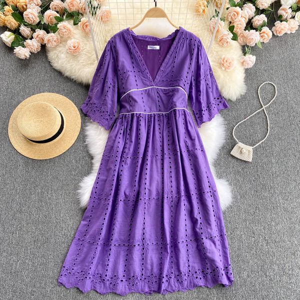 

vintage purple hollow out midi dress women v-neck vacation beach party vestidos female runway loose robe summer 2021 new, Black;gray
