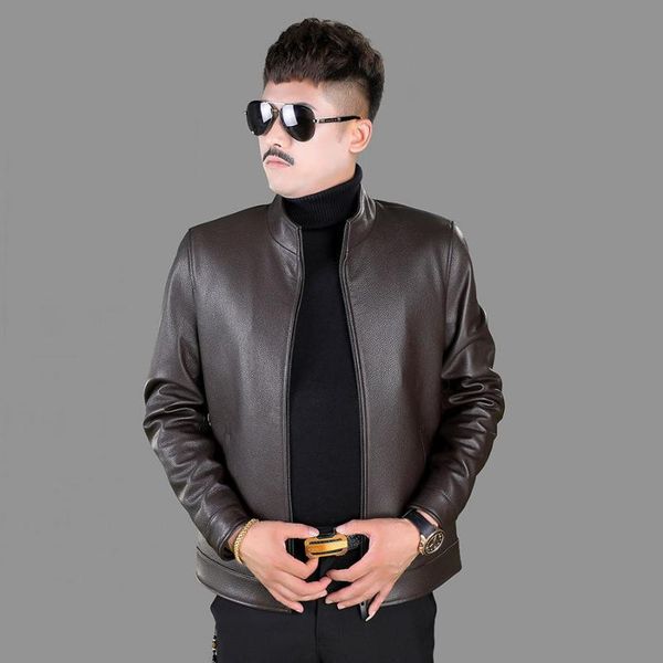 

men's leather & faux haining authentic first layer natural deer skin men's spring autumn winter jacket short casual middle-aged, Black
