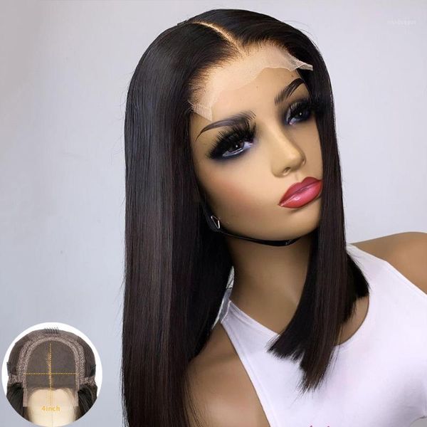 

150% density short bob human hair wigs for women 4x4 lace closure wig black roots remy brazilian pre plucked jk1, Black;brown