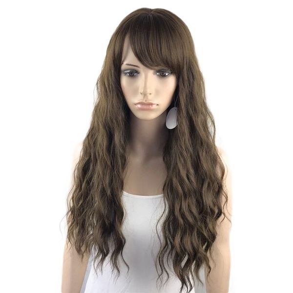 

chemical selling wig fiber headgear female oblique bangs long curly hair corn beard, Black