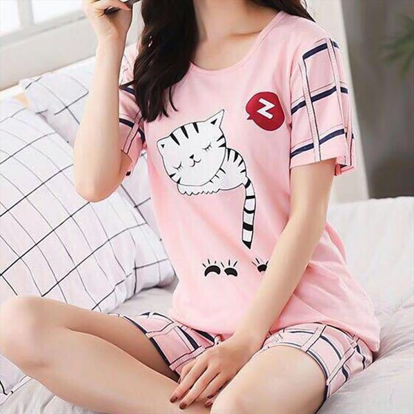 

1pc summer young girl women tracksuits short sleeve cotton pajamas cute nightshirt casual home service sleepwear  2xl, Gray